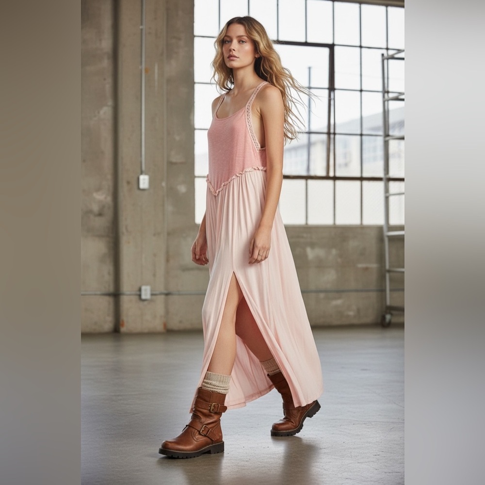 NWT POL Slit Crochet Strap Sleeveless Blush Maxi Dress - Picture 5 of 8